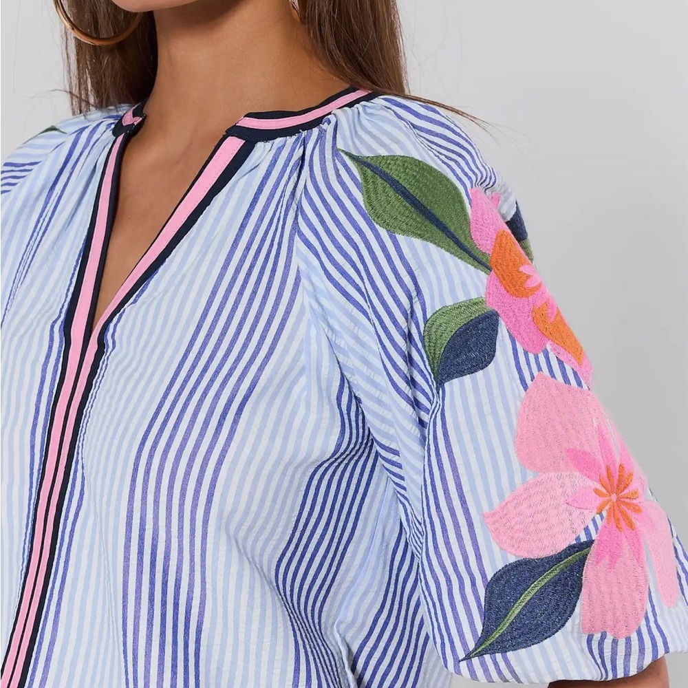 THML Coleen Top in Blue & White Stripe,Puff Sleeves With Floral Accents - Picture 2 of 9